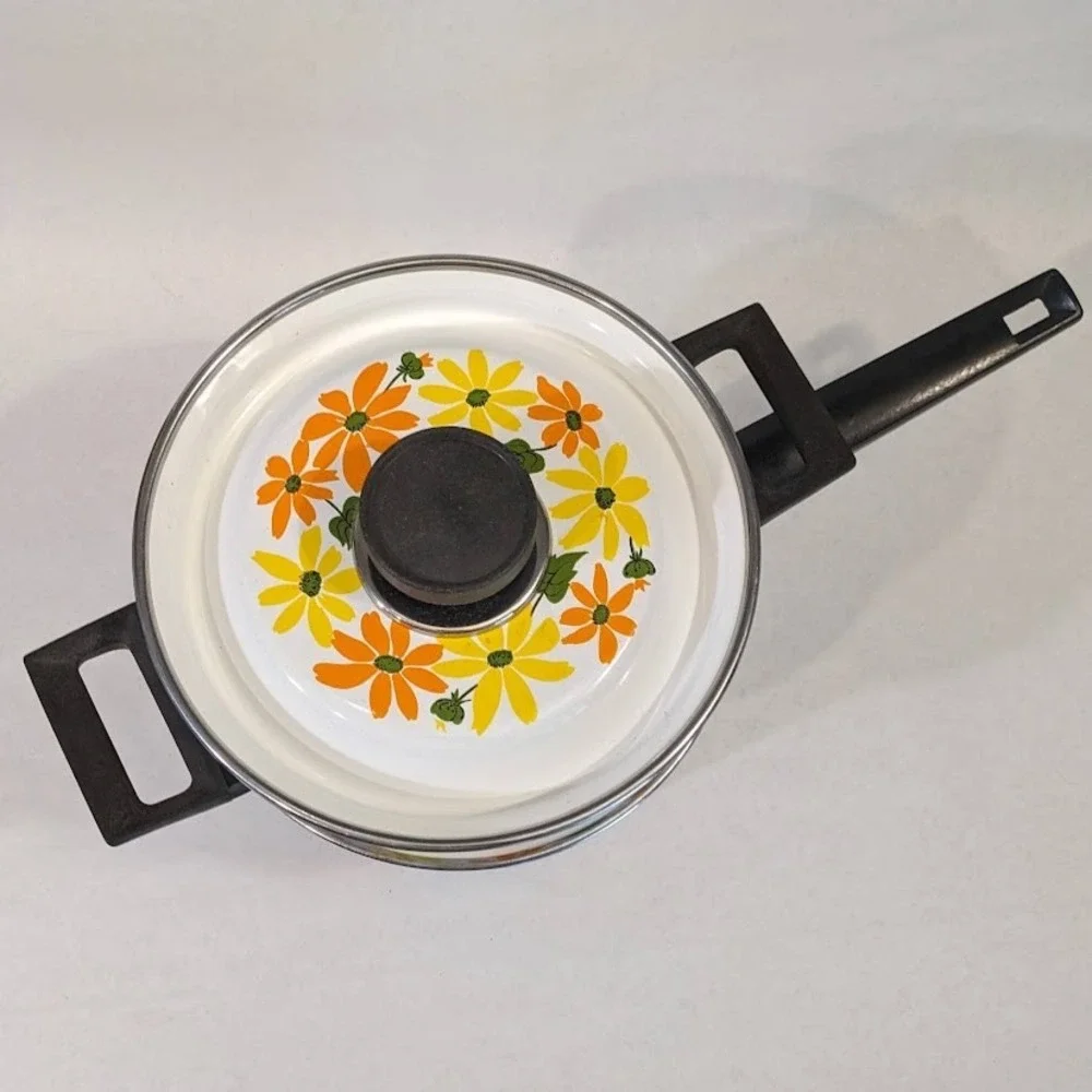 Vintage Ekco Country Garden Porcelain Clad Double Boiler Italy Daisy Floral 3pc